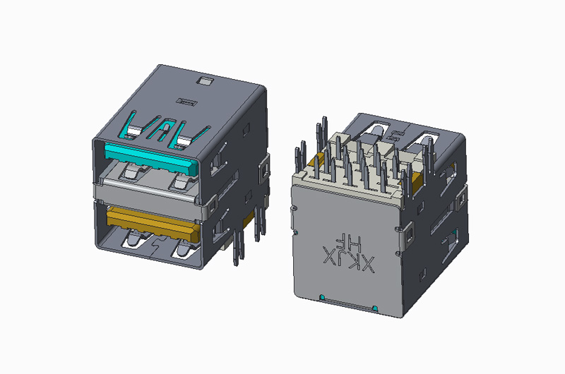 USB 3.0 AF 双层双色 90度 DIP F款 无卷边 鱼叉脚