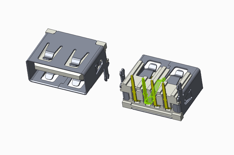 USB 2.0 AF 90度 DIP CH3.62 L10.0mm 无卷边 鱼叉脚